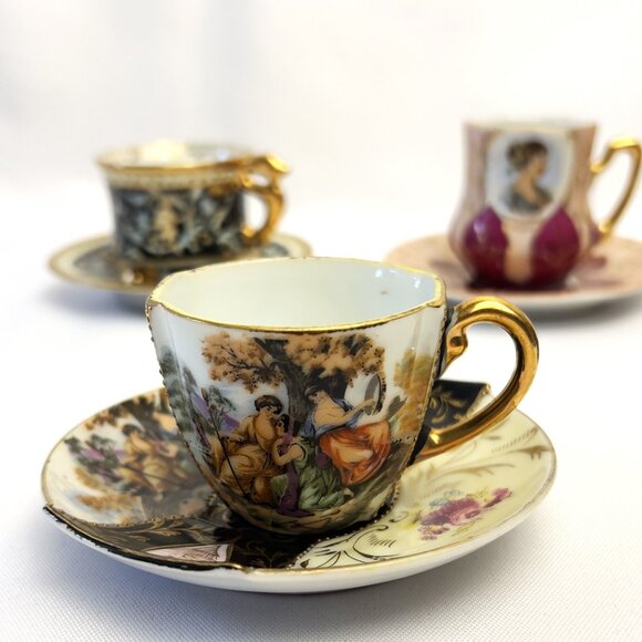 Japanese Vintage Set of 4 Hand Painted Demitasse Porcelain Teacups Saucers #6912 - Picture 6 of 15